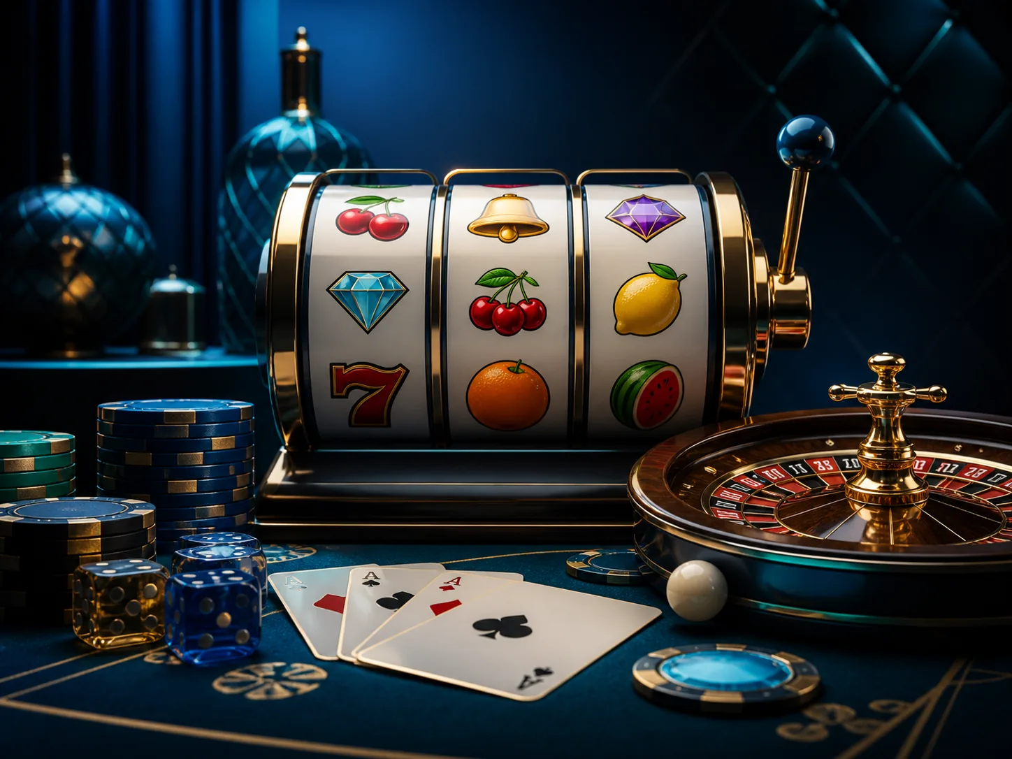 Slots, roleta e cartas em uma composição editorial sobre jogos de cassino