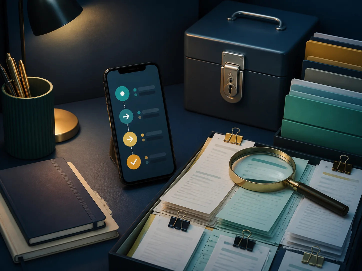 Celular, comprovantes e lupa organizam a verificação de uma transação