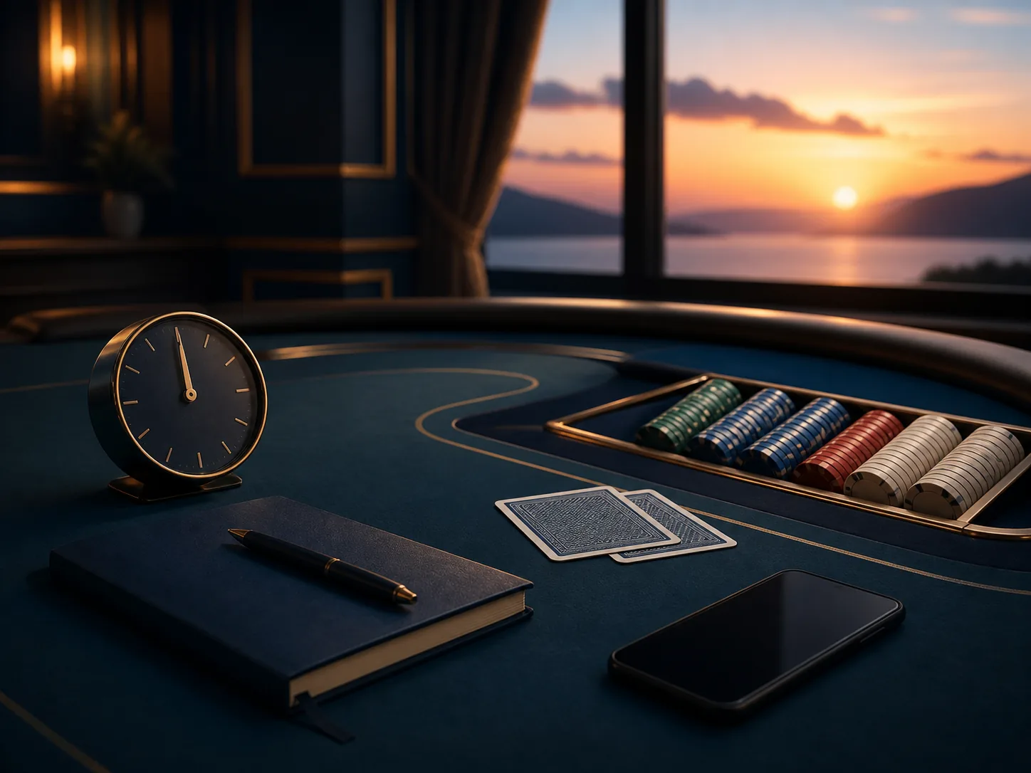 Mesa de cassino encerrada com relógio, caderno e celular desligado